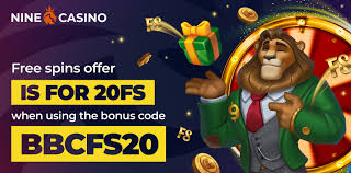 Nine casino free spins offer displayed on a vibrant background with casino-themed graphics and promotional text.